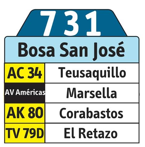 Tabla de ruta hacia 731 Bosa San José
