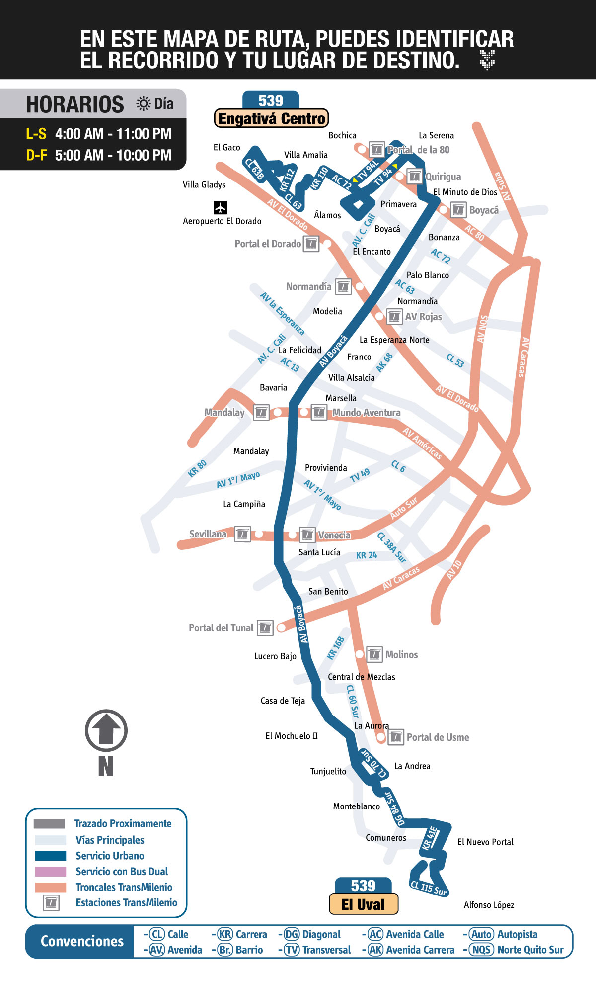 Mapa (esquema) ruta urbana 539  El Uval - Engativá Centro