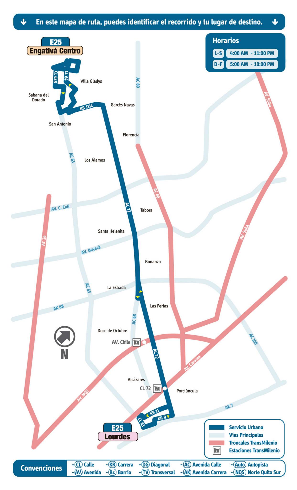 Mapa esquemático de la ruta urbana del SITP - E25