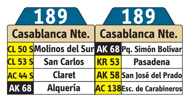 Tablas de la ruta del SITP 189 urbana hacia Casablanca Norte