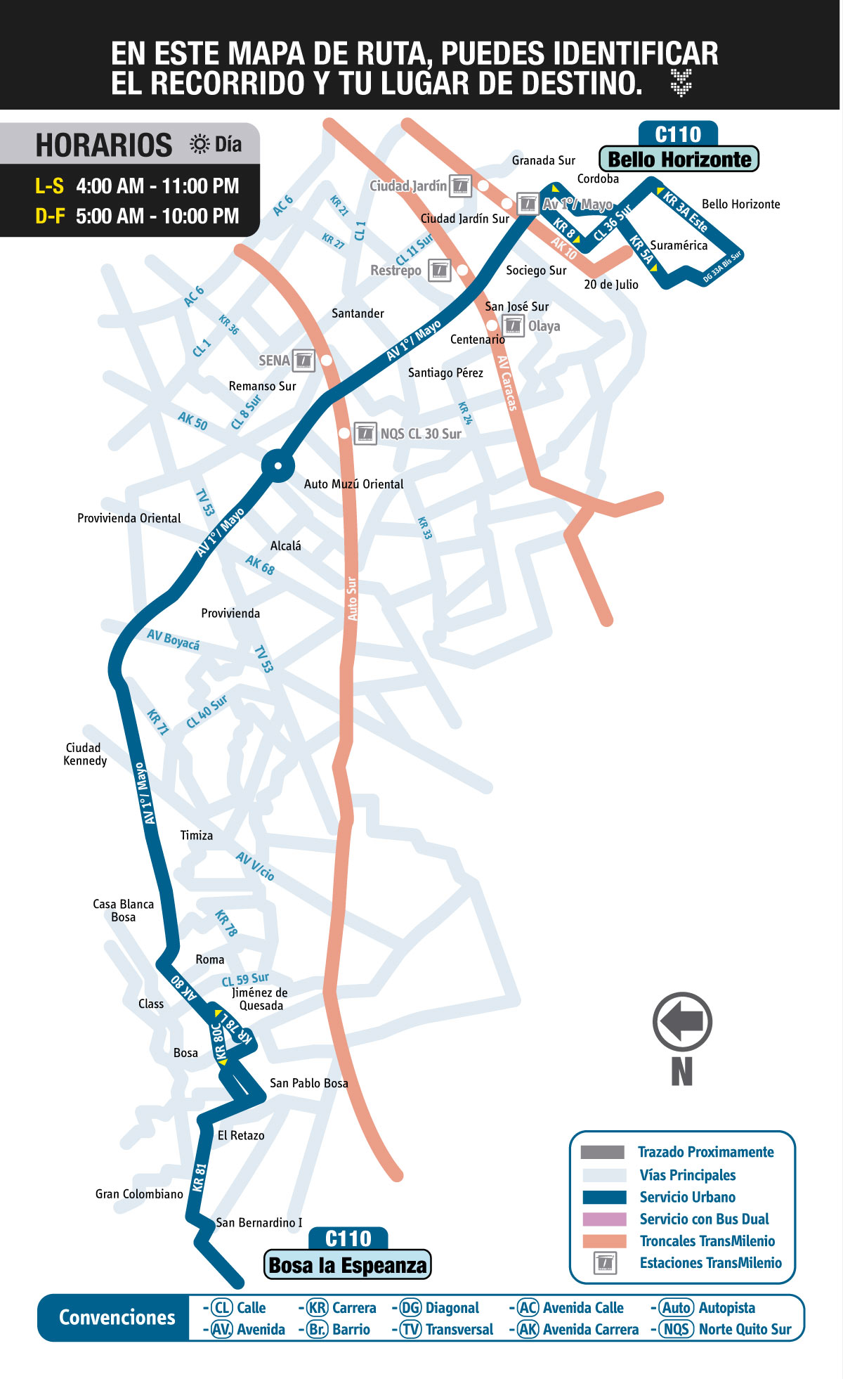 Mapa ruta urbana C110 Bello Horizonte - Bosa La Esperanza