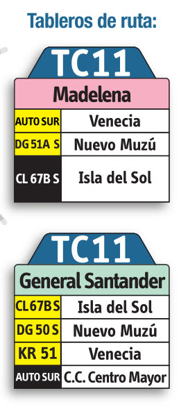 Ruta SITP: TC11 Madelena ↔ General Santander [Urbana] 5