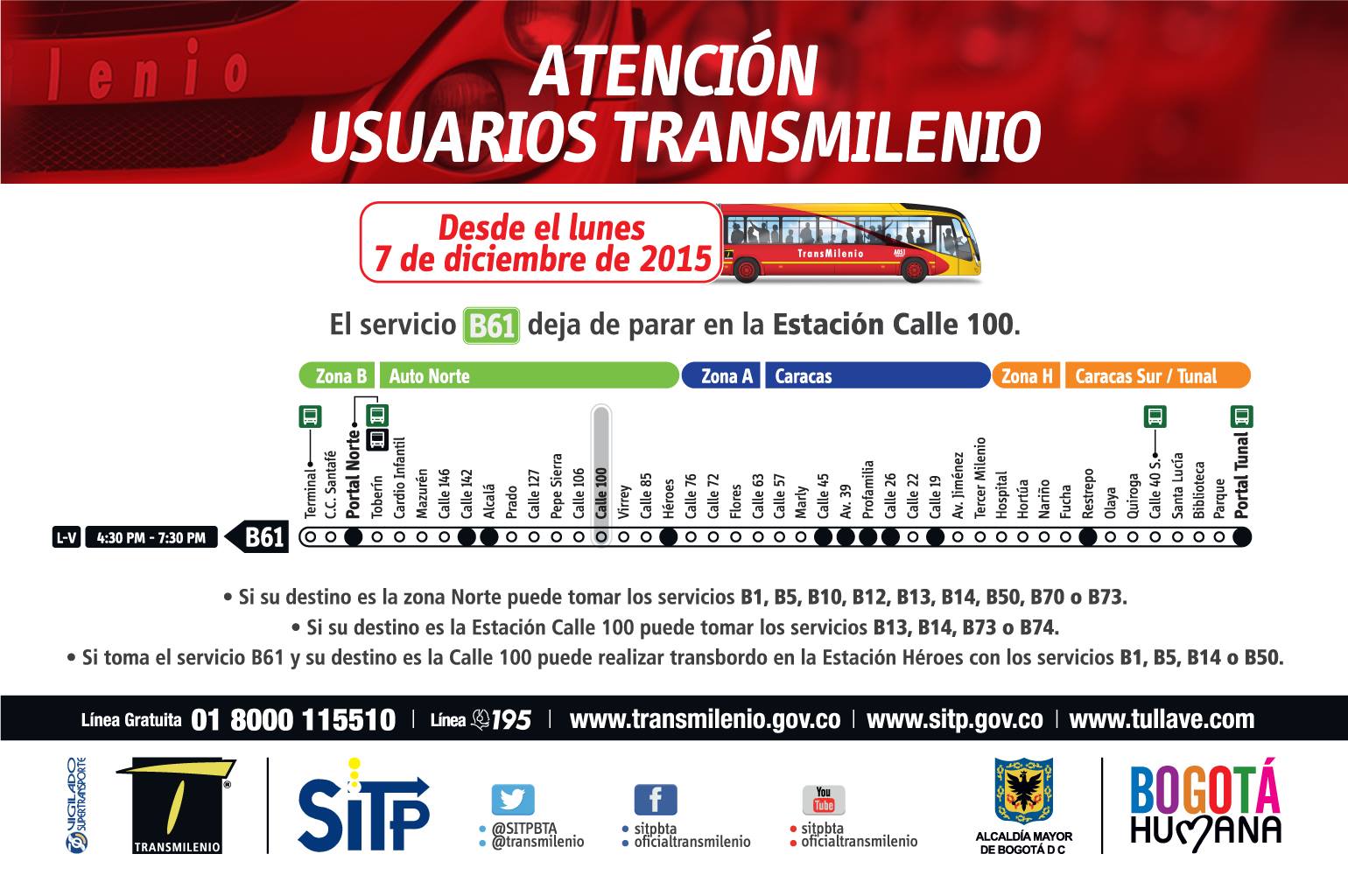 B61 de Transmilenio ya no parará en Estación Calle 100