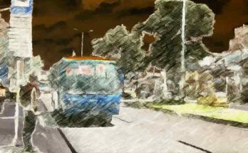 Bus circulando, foto con efecto pinceladas y colores invertidos