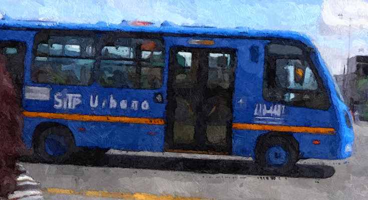Foto bus urbano azul, lateral, foto efecto óleo
