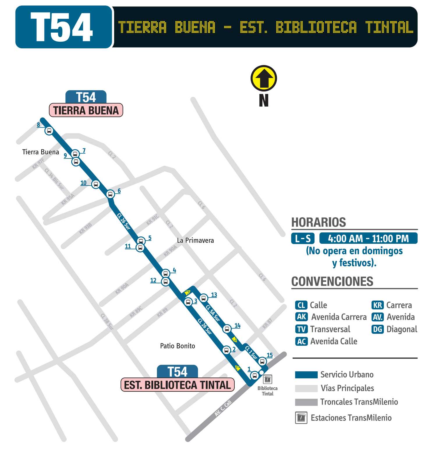Ruta SITP: T54 Tierra Buena ↔ Estación Biblioteca Tintal (mapa)