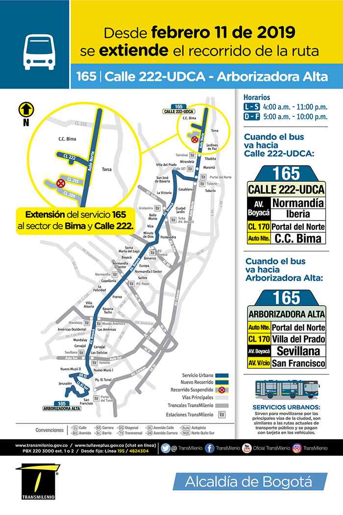 bus urbano 165 Calle 222 UDCA - Arborizadora Alta, mapa, horarios, vías principales 