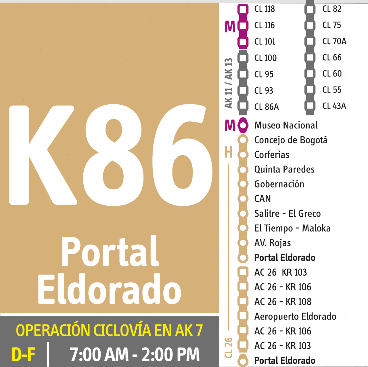 Ruta dual K86, con destino Aeropuerto Eldorado, durante celebración de ciclovía