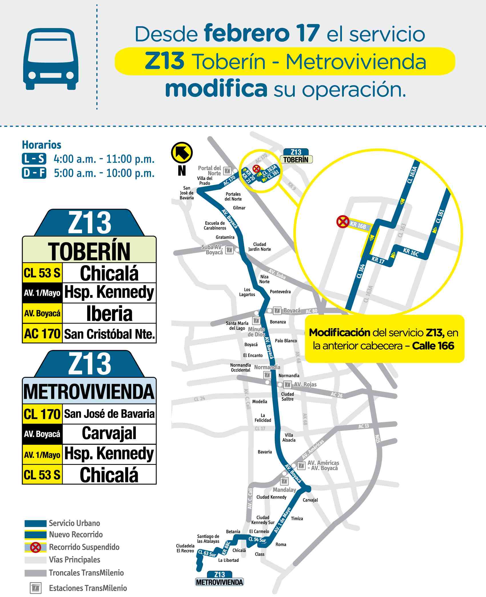 Mapa de la ruta Z13 Toberín - Metrovivienda