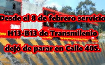 Nuevo recorrido B13-H13 de Transmilenio desde el 8 de febrero