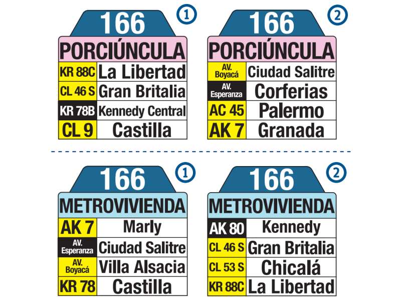 166 Metrovivienda - Porciúncula, letrero tabla bus del SITP