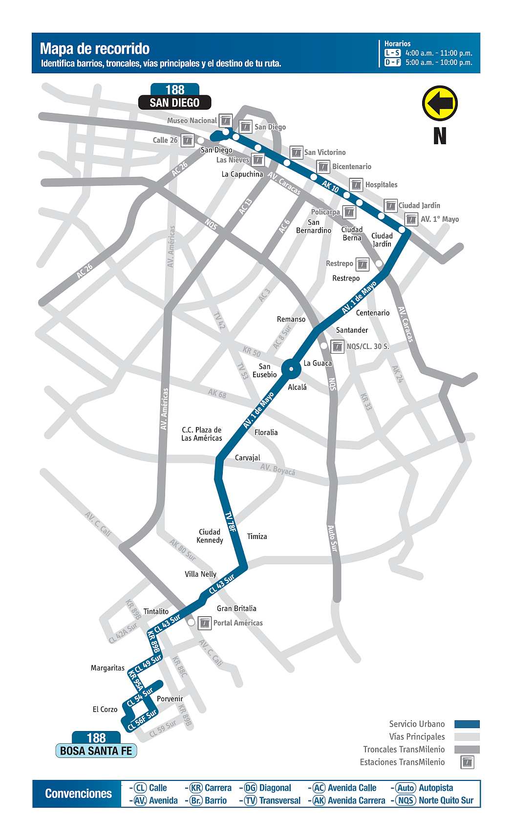 188 Bosa Santa Fé - San Diego, mapa bus urbano Bogotá 188 Bosa Santa Fé - San Diego, mapa bus urbano Bogotá