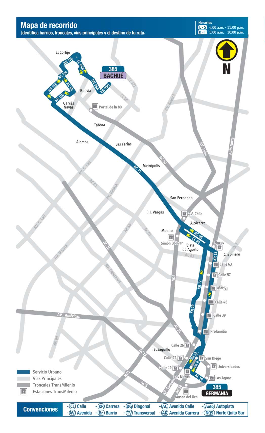 385 Bachué - Germania, mapa bus urbano Bogotá