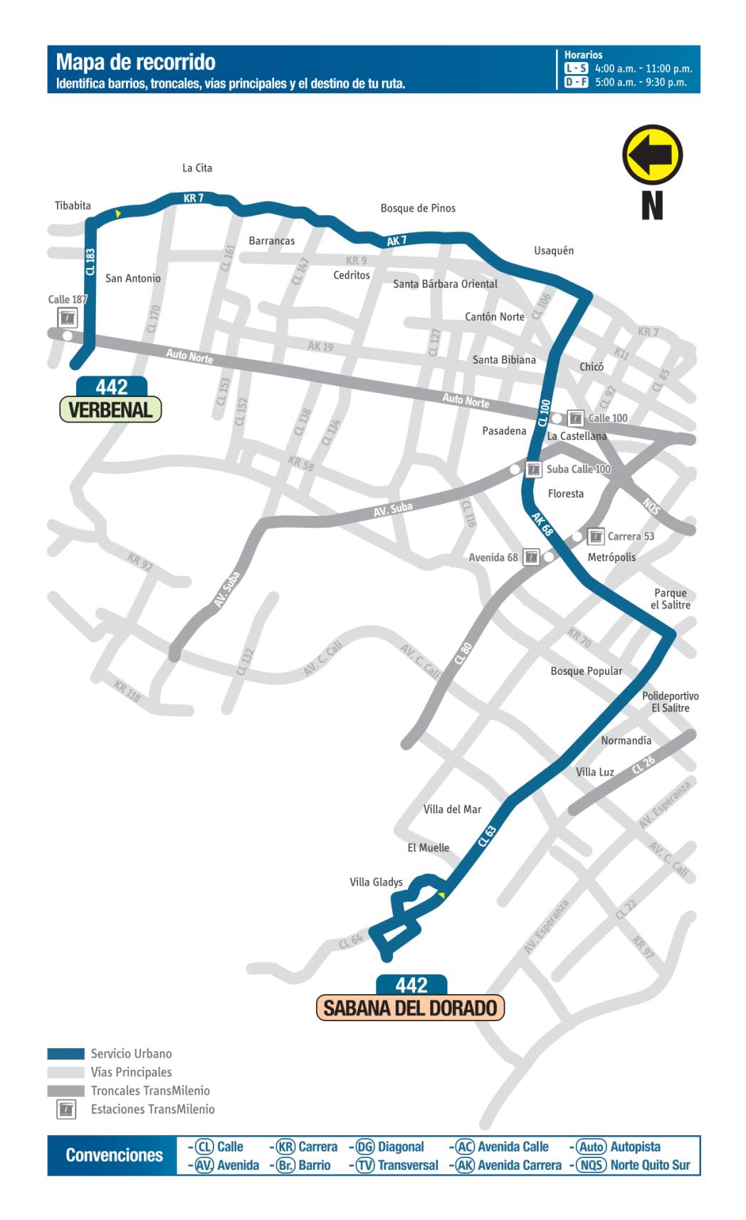 442 Verbenal - Sabana del Dorado, mapa bus urbano Bogotá