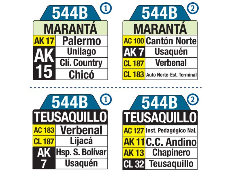 544B Marantá - Teusaquillo, letrero tabla bus del SITP 544B Marantá - Teusaquillo, letrero tabla bus del SITP