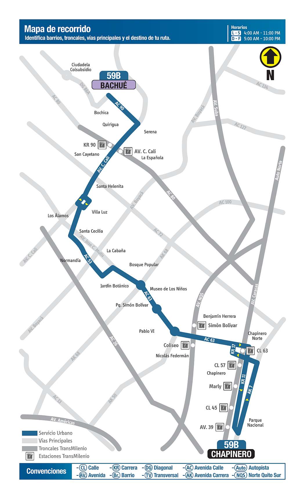 Mapa bus urbano: 59B Bachué - Chapinero