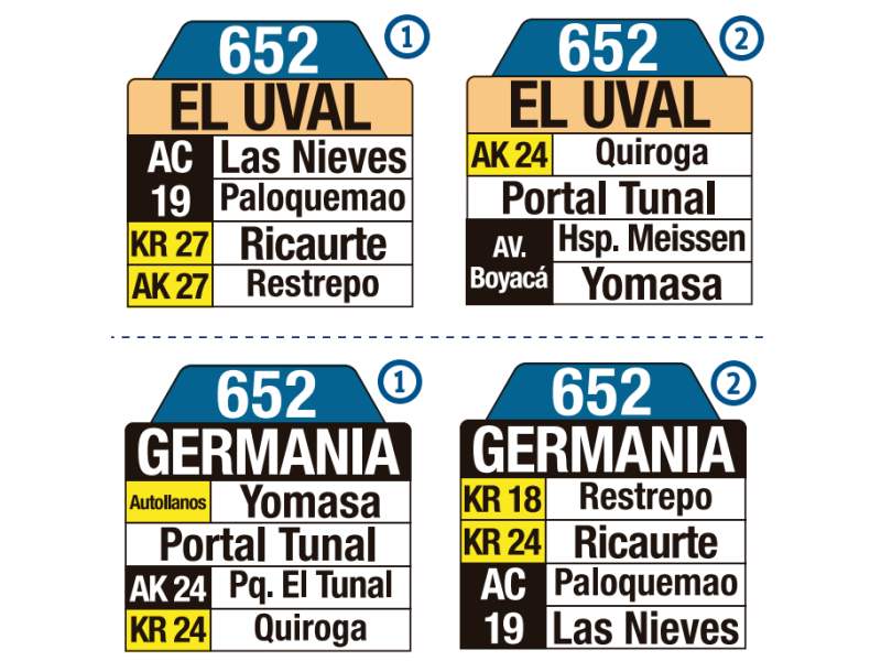 652 Germania - El Uval, letrero tabla bus del SITP 652 Germania - El Uval, letrero tabla bus del SITP