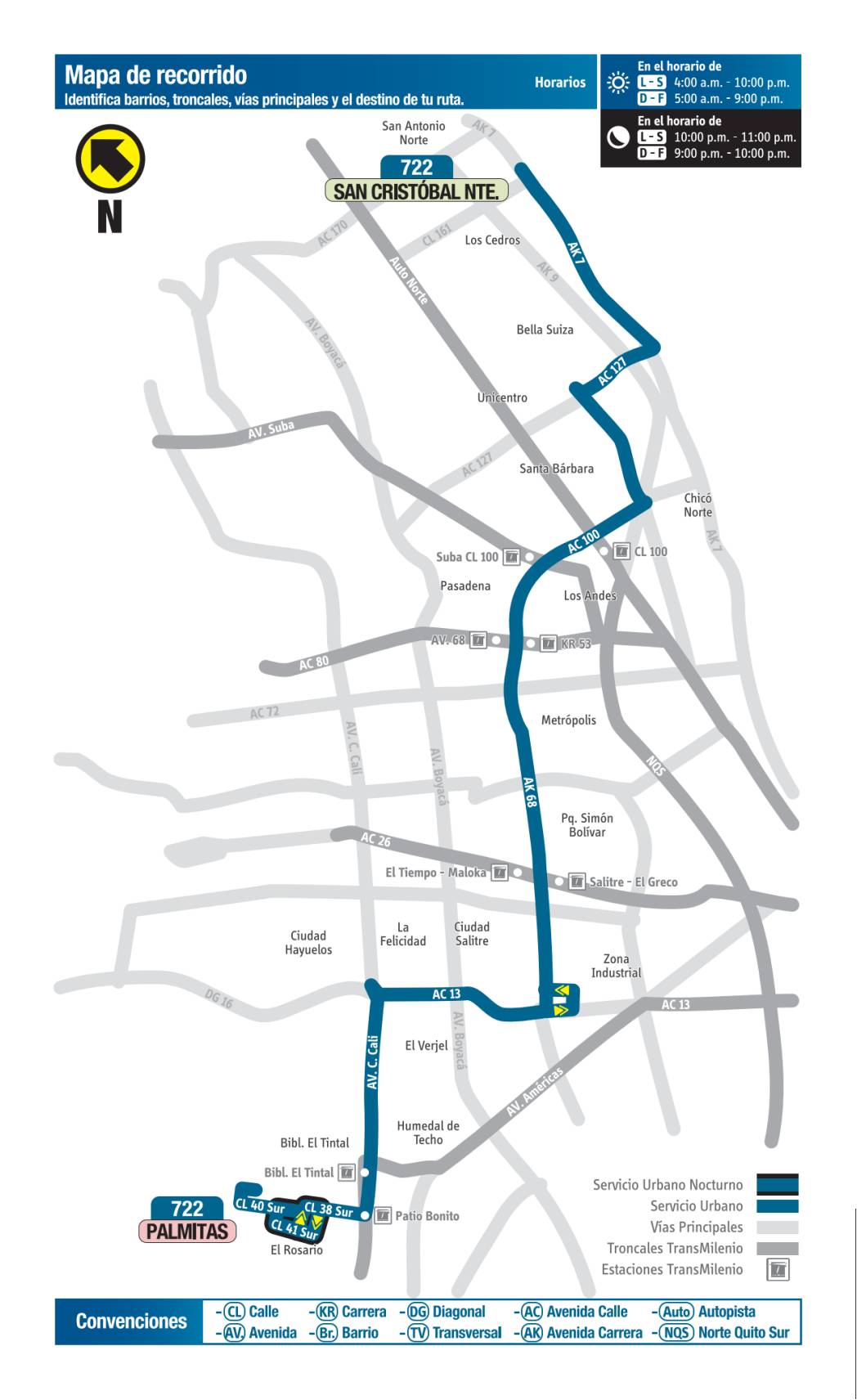 722 Palmitas - San Cristóbal Norte, mapa bus urbano Bogotá