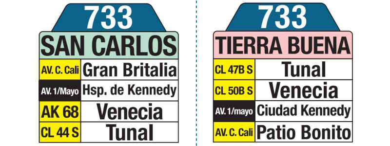 733 San Carlos - Tierra Buena, letrero tabla bus del SITP 733 San Carlos - Tierra Buena, letrero tabla bus del SITP