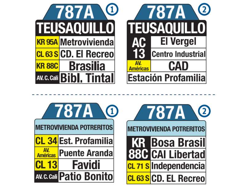 787A Metrovivienda Potreritos - Teusaquillo, letrero tabla bus del SITP