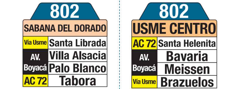 802 Sabana del Dorado - Usme Centro, letrero tabla bus del SITP
