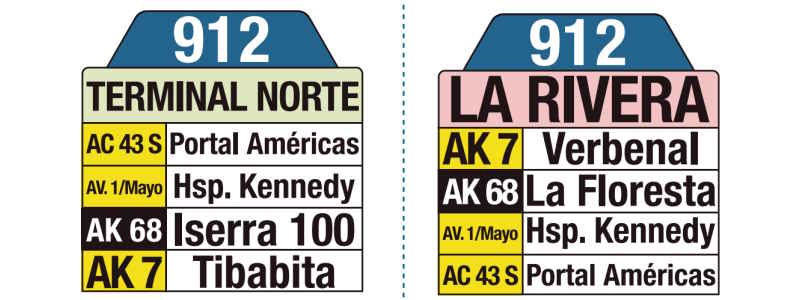 912 Terminal Norte - La Rivera, mapa bus urbano Bogotá, letrero tabla bus del SITP