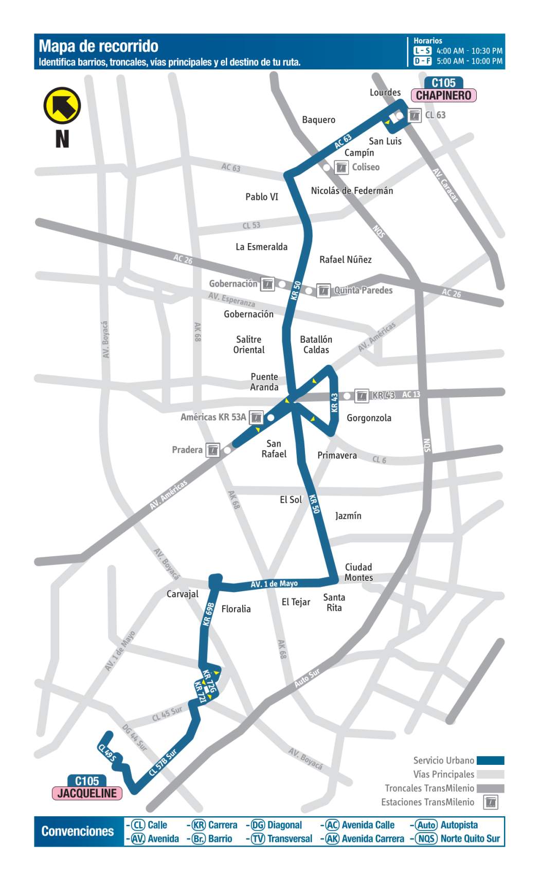C105 Jacqueline - Chapinero, mapa bus urbano Bogotá