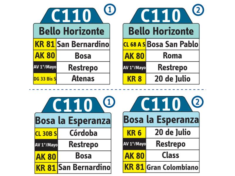 C110 Bello Horizonte - Bosa La Esperanza, letrero tabla bus del SITP