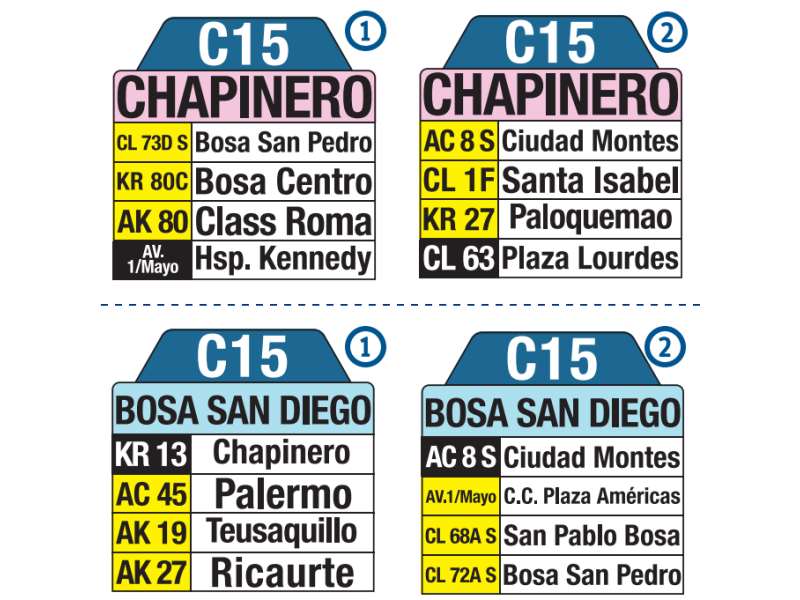 C15 Bosa San Diego - Chapinero, letrero tabla bus del SITP
