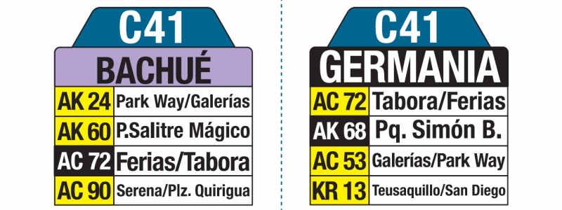 C41 Bachué - Germania, letrero tabla bus del SITP