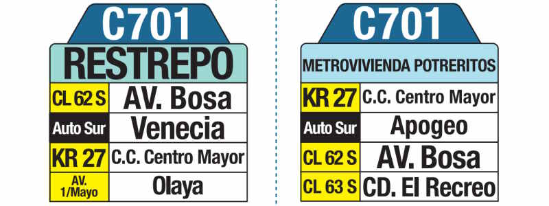 C701 Metrovivienda Potreritos - Restrepo, letrero tabla bus del SITP