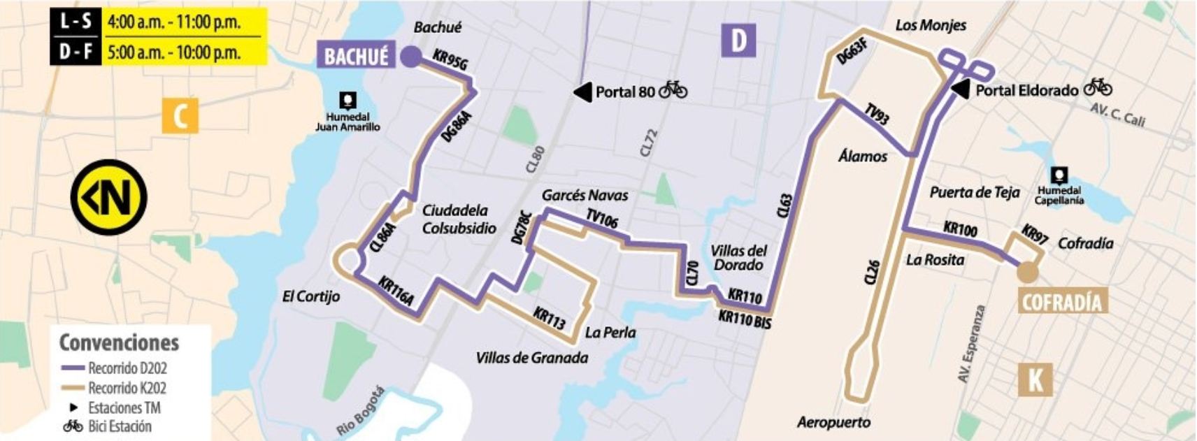 D202-K202 Bachué - Cofradía, mapa bus urbano Bogotá