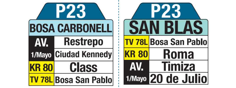 P23 Bosa Carbonell - San Blas, letrero tabla bus del SITP P23 Bosa Carbonell - San Blas, letrero tabla bus del SITP