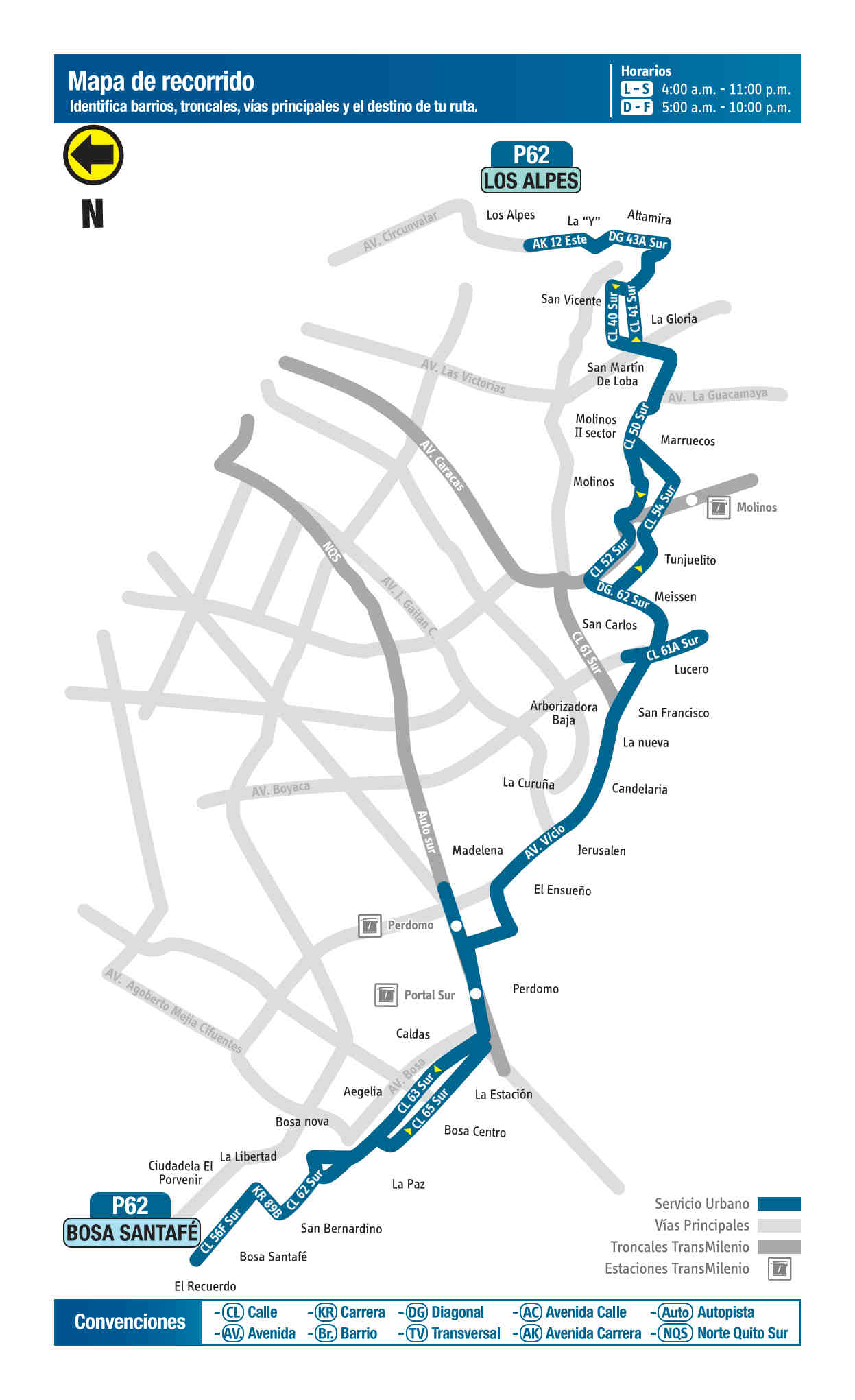 P62 Bosa Santafé - Los Alpes, mapa bus urbano Bogotá