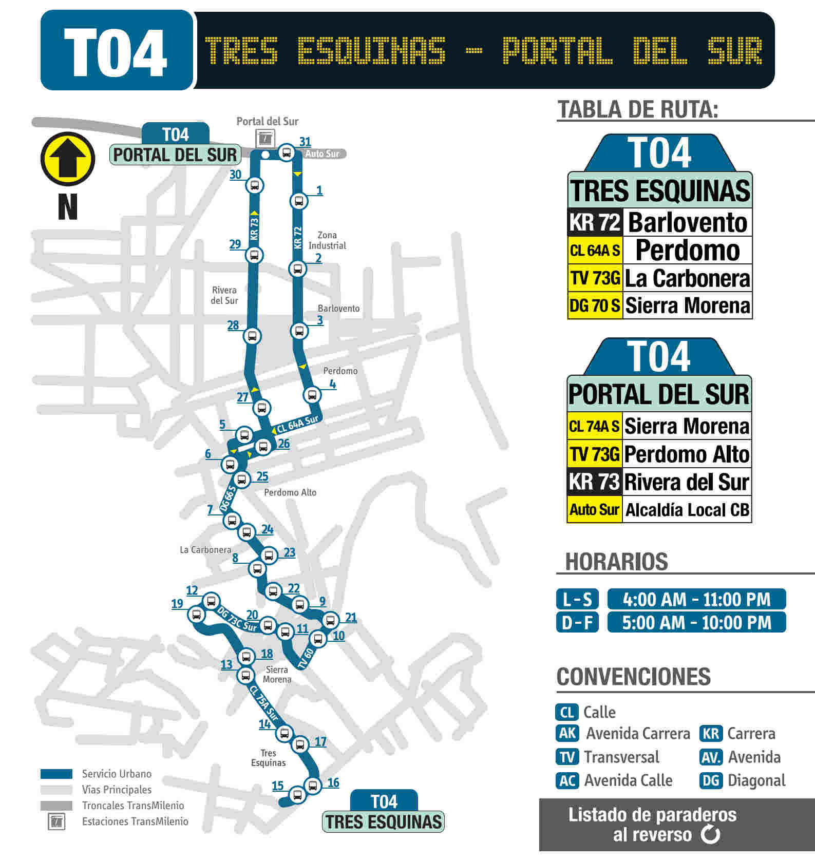 T04 Tres Esquinas - Portal del Sur, mapa bus urbano Bogotá