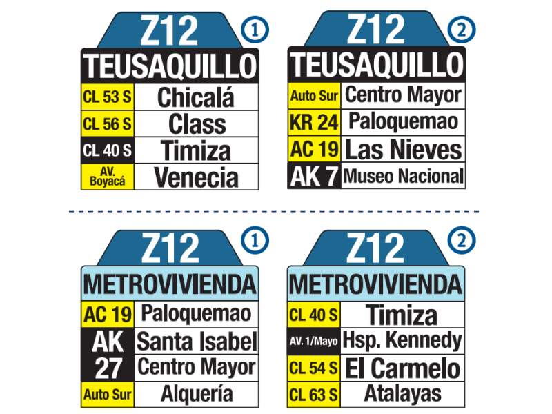 Z12 Teusaquillo - Metrovivienda, letrero tabla bus del SITP