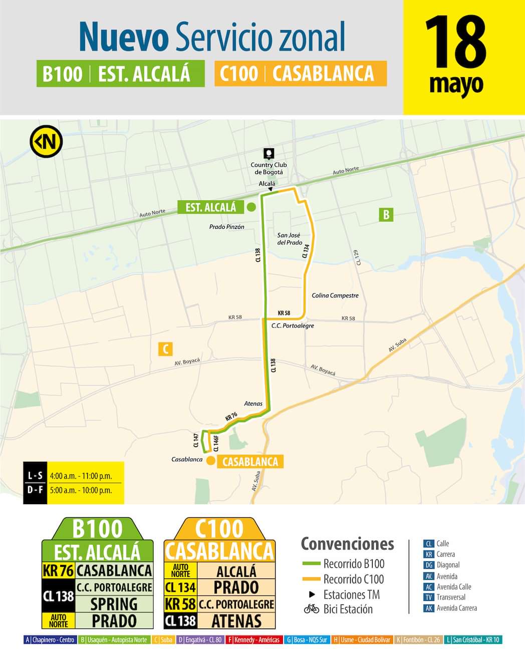 B100 / C100 Alcalá - Suba Casablanca Norte, mapa bus urbano Bogotá