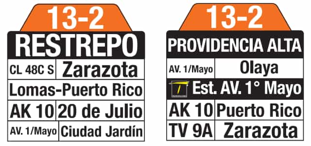 Tablas bus SITP 13-2 Providencia Alta - Restrepo