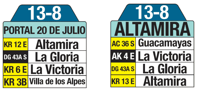 Tablas ruta SITP 13-8 Portal 20 de Julio - Altamira, urbana