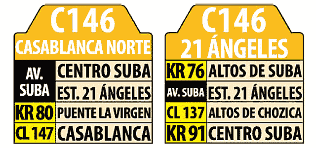 Tablas C146 Casablanca Norte - 21 Ángeles (Ruta SITP Urbana)